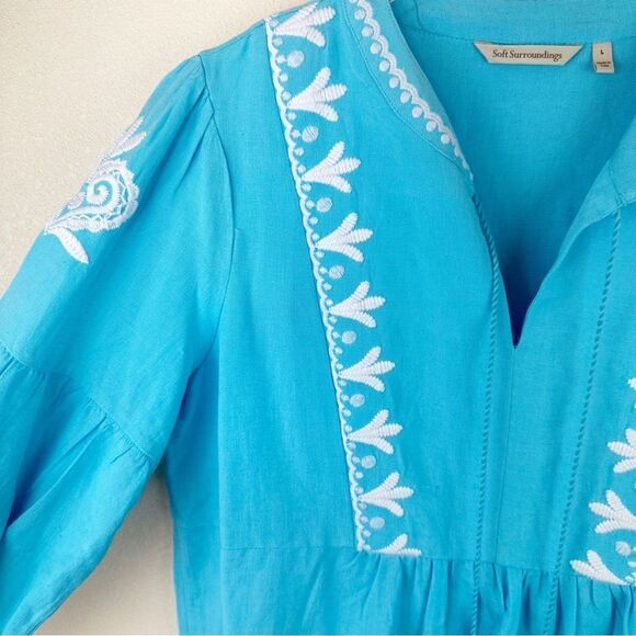 Soft Surroundings Blue Linen Embroidered Blouse Top Long Sleeve Large - Picture 4 of 7